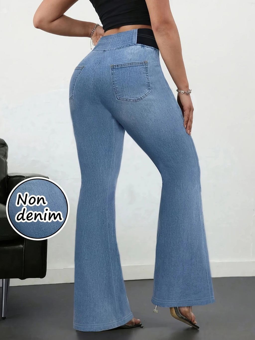 Women's Imitation Denim Flared Jeans, High Waist Stretchy Leggings Booty Lifting Casual Pants Trousers for Casual Streetwear
