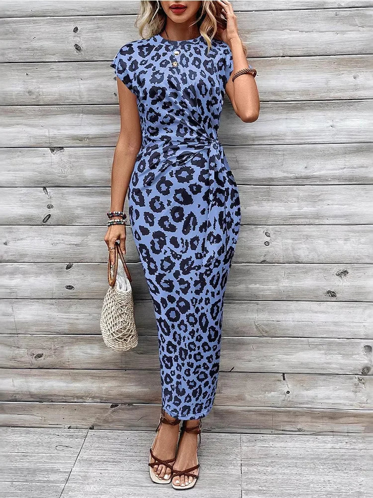 Summer New Leopard Print Short Sleeve Dress Waist-Cinching Commute round Neck Slim Fit Women's Fashion Dress