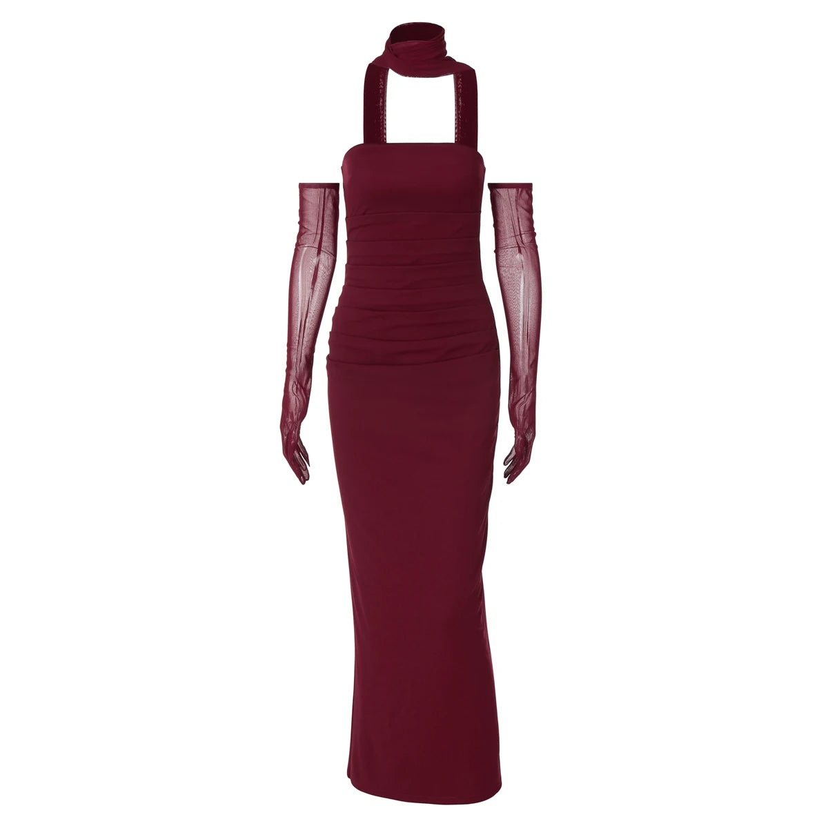 Hugcitar Elegant Scarf Strapless Solid Mesh Gloves Sexy Bodycon Maxi Prom Dress Women Fashion Y2K Outfits Wedding Party Birthday