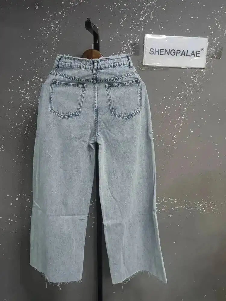 SHENGPALAE American Style Loose Hanging Feeling Wide Leg Floor Dragging Fringed Jeans For Women 2026 Autumn New