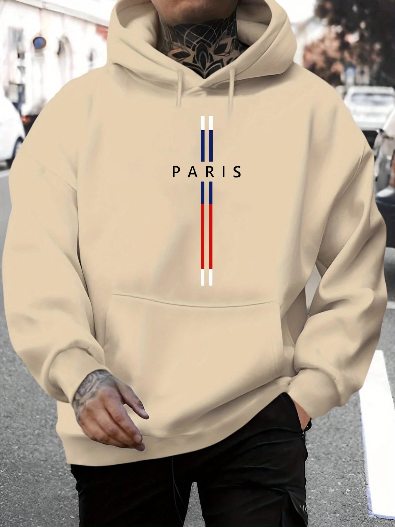 Men's autumn and winter casual fashionable loose hooded sweatshirt Paris letter printed long sleeved warm pullover