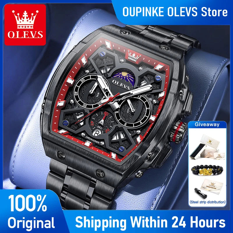 OLEVS 2942 New Mens Watch Tonneau Quartz Watch Stainless Steel Waterproof Sports Moon Phase Date Watches For Man Original Reloj