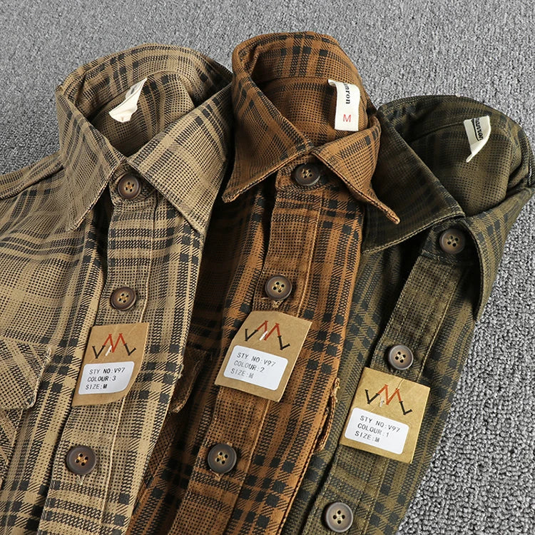 Trendy men's new fashion versatile plaid long sleeve shirt casual cotton washed thin coat