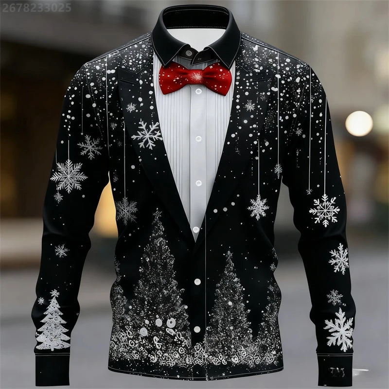Red Christmas Shirts For Man Snowflake Bow Tie Christmas Shirt Long Sleeve Fashion Holiday Gift Shirt Oversized Mens Clothing