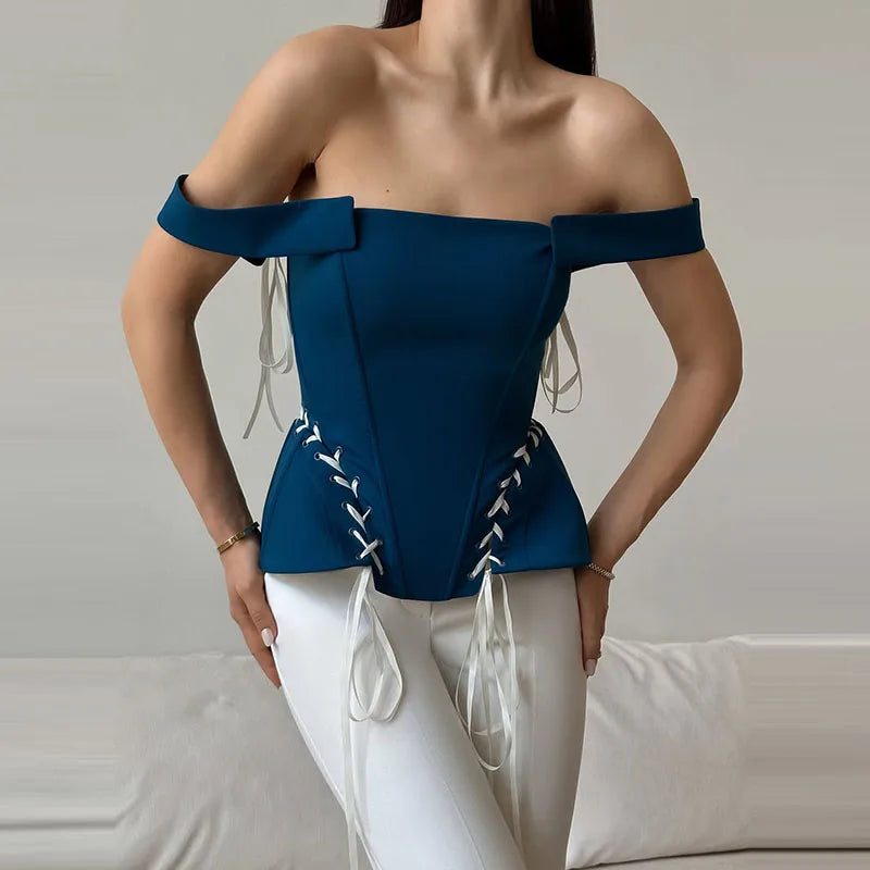 Elegant Off Shoulder Blue Tube Top Women's Contrast Lace Up Waist Cinched Corset Tops 2026 Summer New Lady Fashion Streetwear