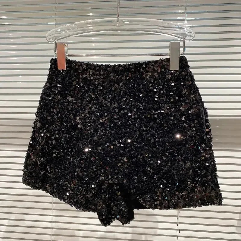 Spring/summer new Spice Girls sequin zipper shorts Slimming suede embroidered beaded casual pants
