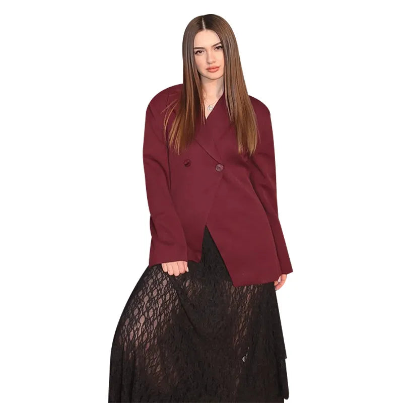Fashion Wine Red Women Blazer Set Casual Long Sleeve Single Breasted Lapel Female Suit 2025 Spring Streetwear Lady Suits