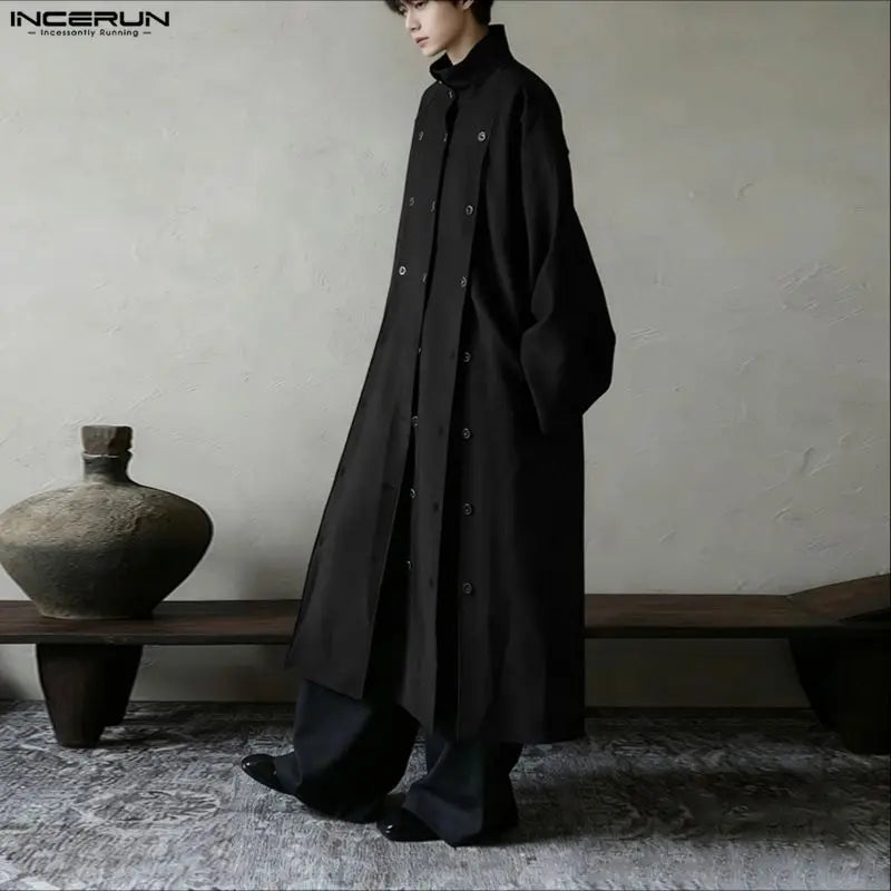 INCERUN Men Long Style Shirt Solid Stand Collar Long Sleeve Male Tops Camisas Streetwear Triple Breasted Fashion Men Clothing