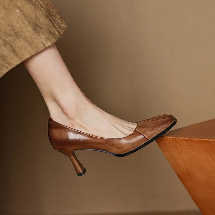 NEW Spring/Autumn Women Pumps Genuine Leather Shoes for Women Square Toe Thin Heel Shoes Concise Shallow High Heel Pleated Shoes