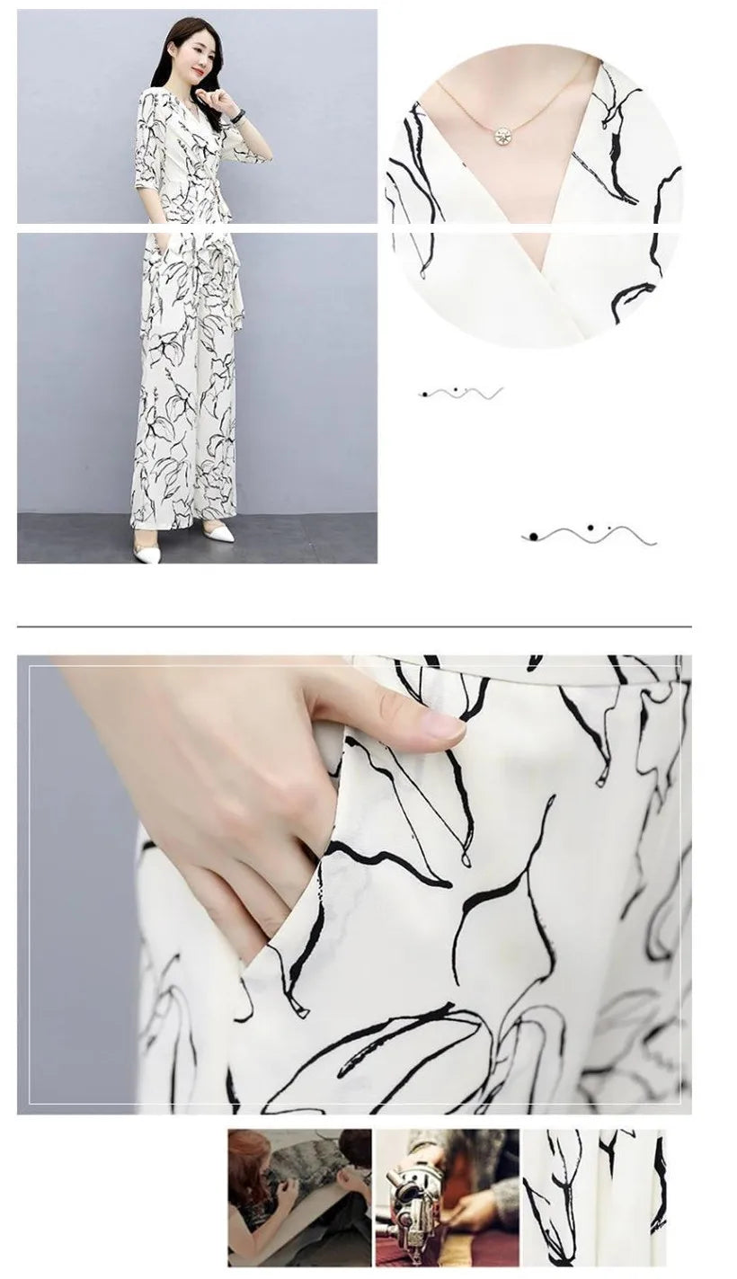 2 Piece Set Women Casual Fashion Printing Pants Suit Short Sleeve Tops +Wide Leg Pants 2 Piece Outfits Women White Set Summer4XL