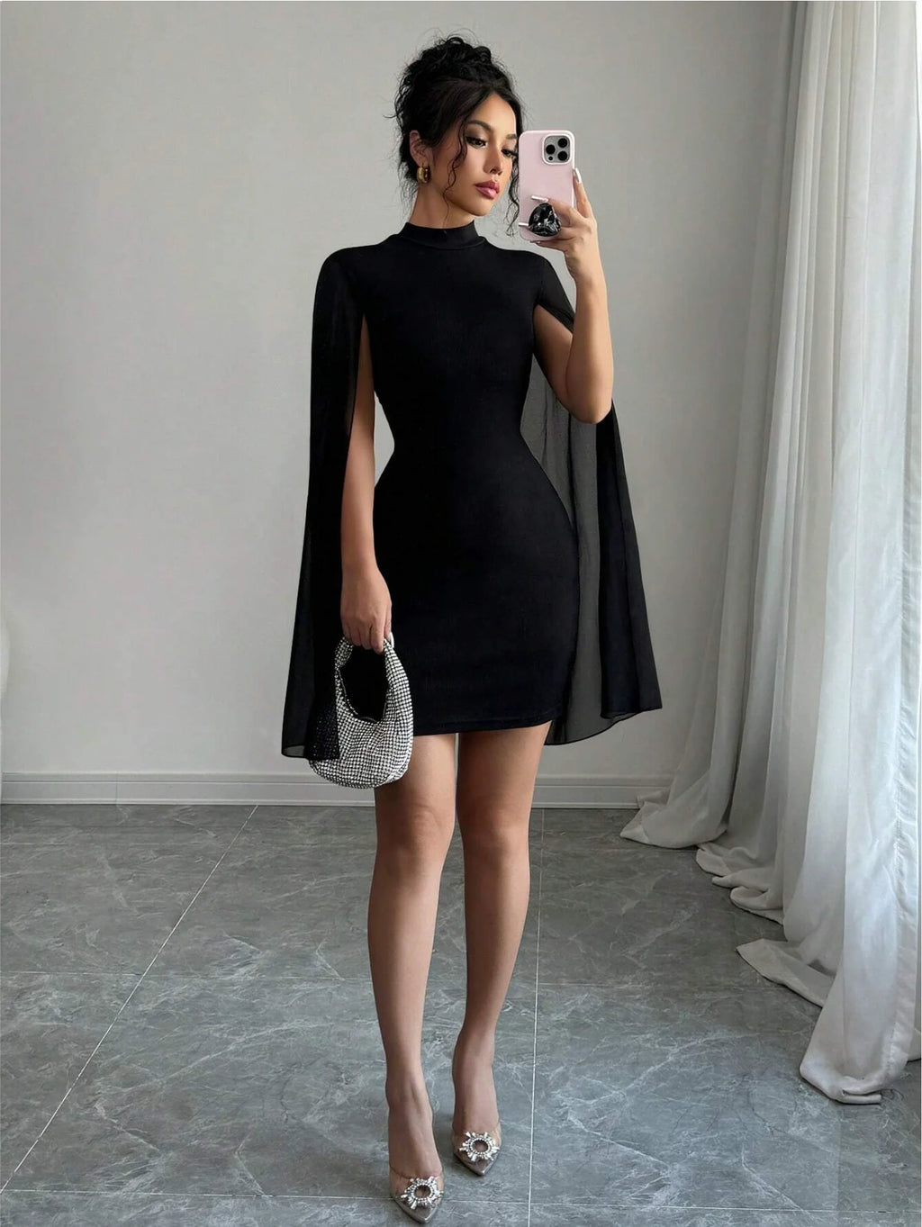 Sexy Women's Stand Collar Cape Mini Dress Sparkling Club Party Night Out Fitted Bodycon Elegant Autumn Winter