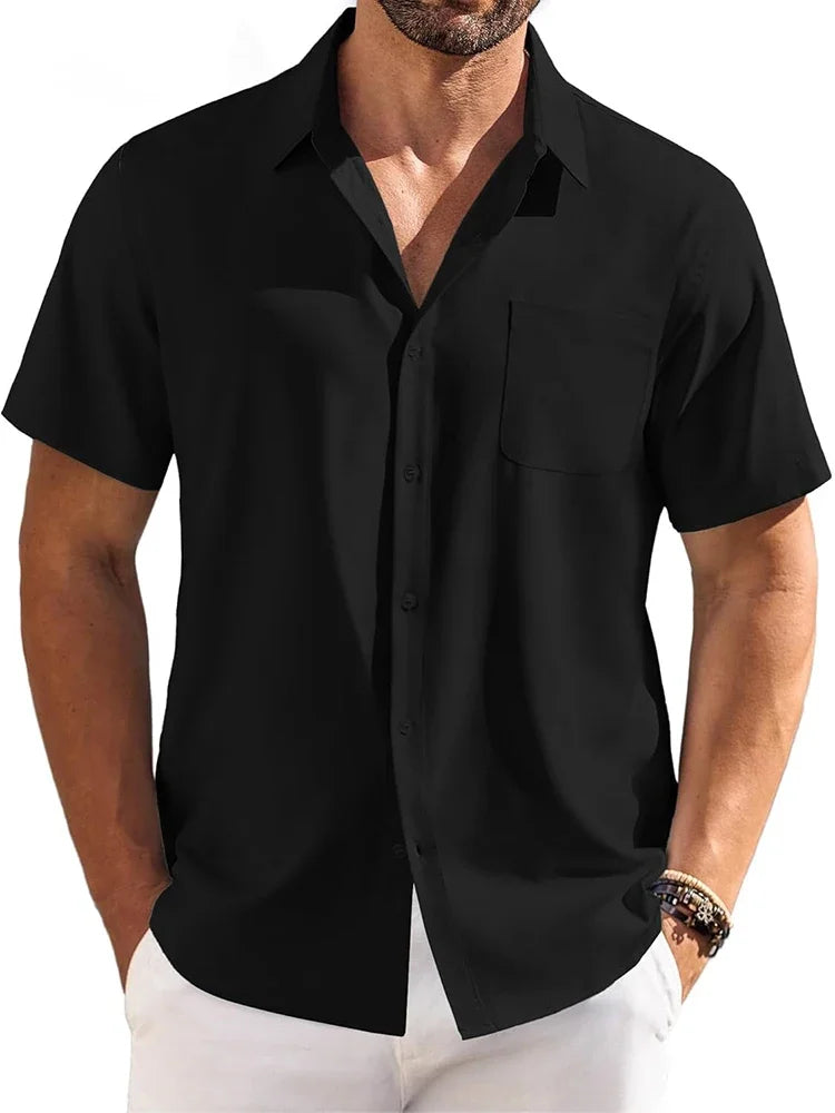 Cotton Linen Breathable Shirt for Men Solid Color Turn Down Collar Male Stylish Summer Short Sleeve Shirts Fashion Clothing