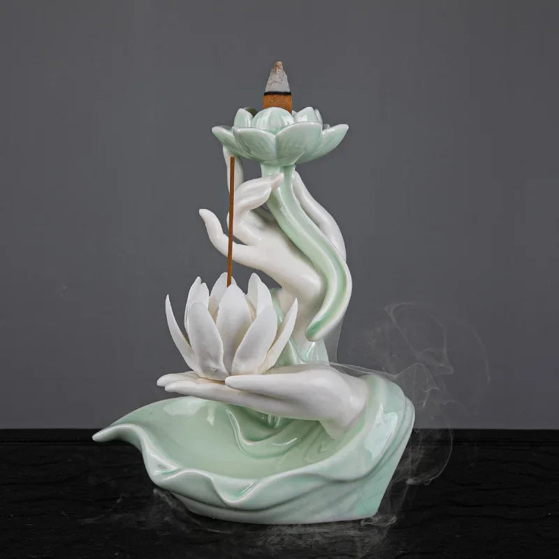 Newest Celadon Backflow Incense Fountain Antique Lotus Incense Burner for Incense Sticks Holder Gothic Decor Zen Bergamot Stove