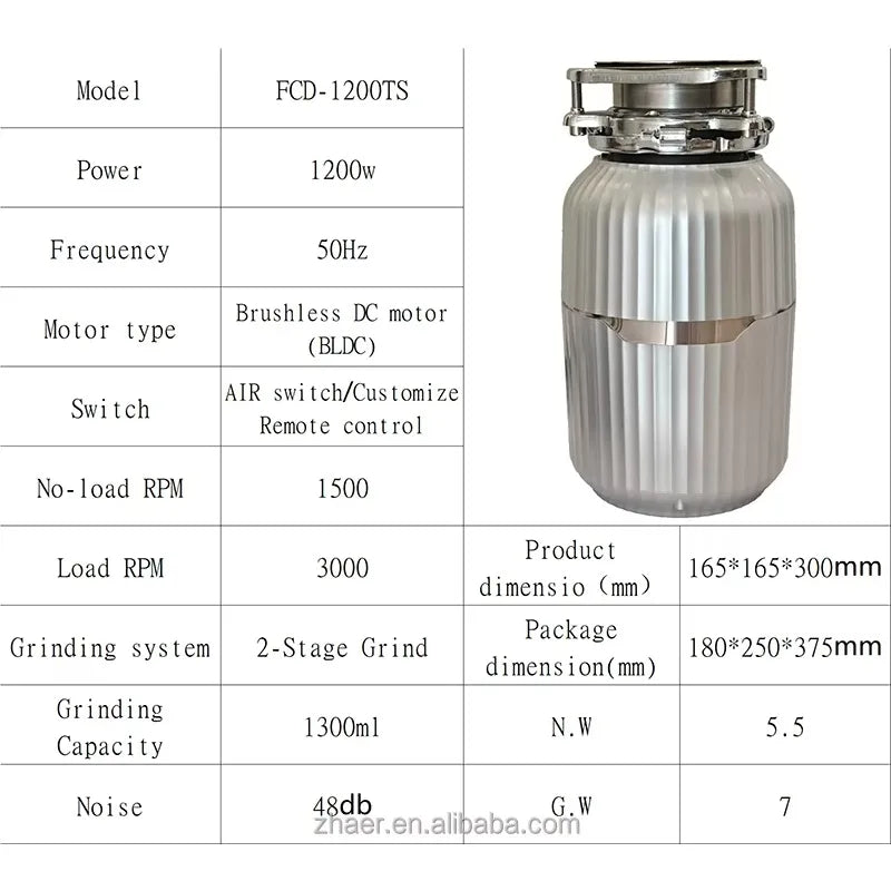 Motor 1200W Electric  Sink Food Waste Disposer with Smart Grinding & Shutdown Stainless Steel 2