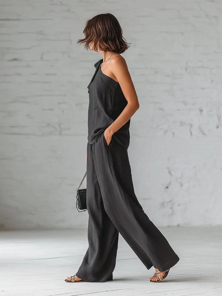 Casual Loose Summer Pants Set 2026 One Shoulder Single Strap Sleeveless Top+Wide Leg Pants Women's Casual Sportswear 2-piece Set