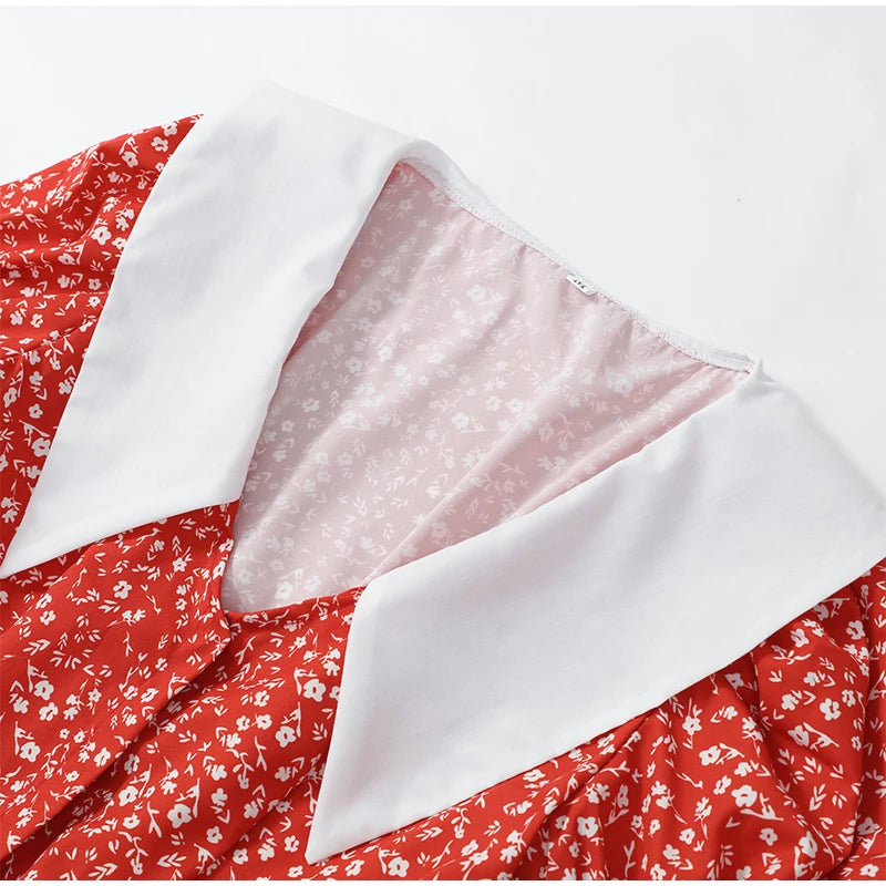 Red Floral Print Peter Pan Collar Dress Women Puff Sleeve V-neck High Waist A-line Mini Dresses Lady Evening Dinner Vestido 2026