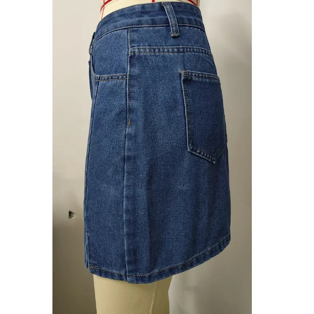 Women Summer Denim Skirts Solid Color Straight Jeans Mini Skirt