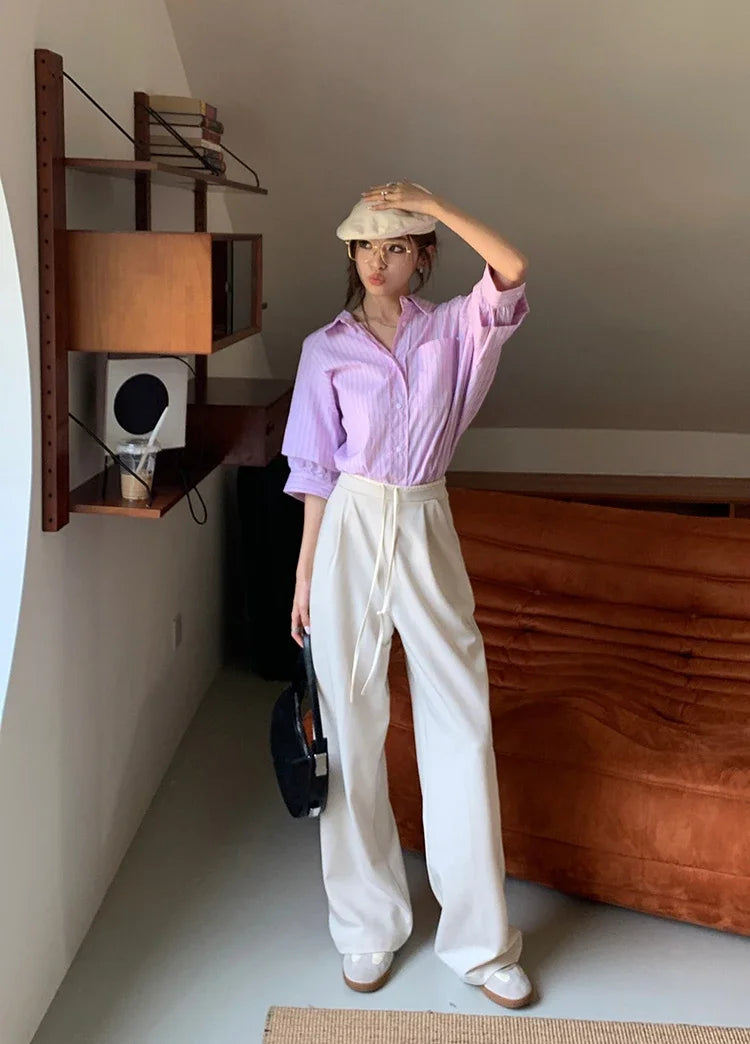 Elastic Waist Drawstring Loose Slim Casual Versatile Trousers 2026 Autumn New High Waist Women Wide Leg Suit Pants
