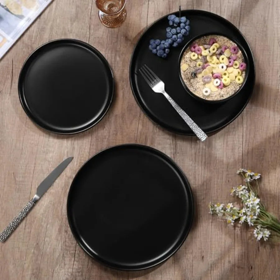 Stoneware Dinnerware Sets, 12-Piece Plates and Bowls Set for 4, Dishes Set for Home Restaurant, Frosting Black
