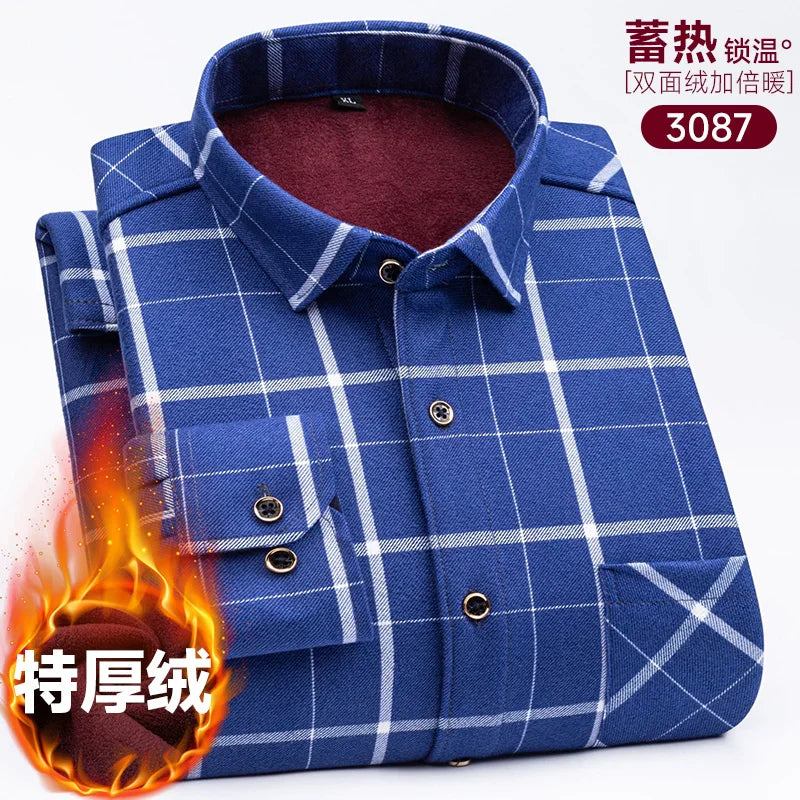 Men's long-sleeved shirt with double-sided fleece thickened warmth, 8XL, 9XL, casual winter fashion, versatile for the street