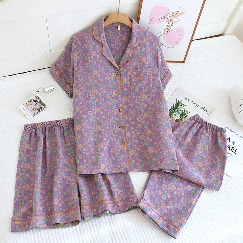 Short Sleeve Sleepwear Women's Pajamas Set Gauze Cotton Pyjamas Summer New 3 Pieces Floral Home Wear Nightwear For Woman