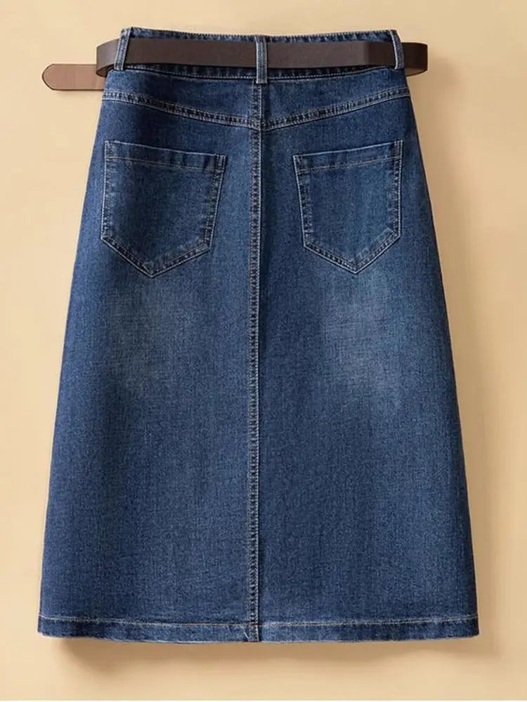 High Waist Washed Cotton Denim Skirt Mid-Length A-Line Women's Skirt Spring Summer New Style Casual Pure Color Button Design