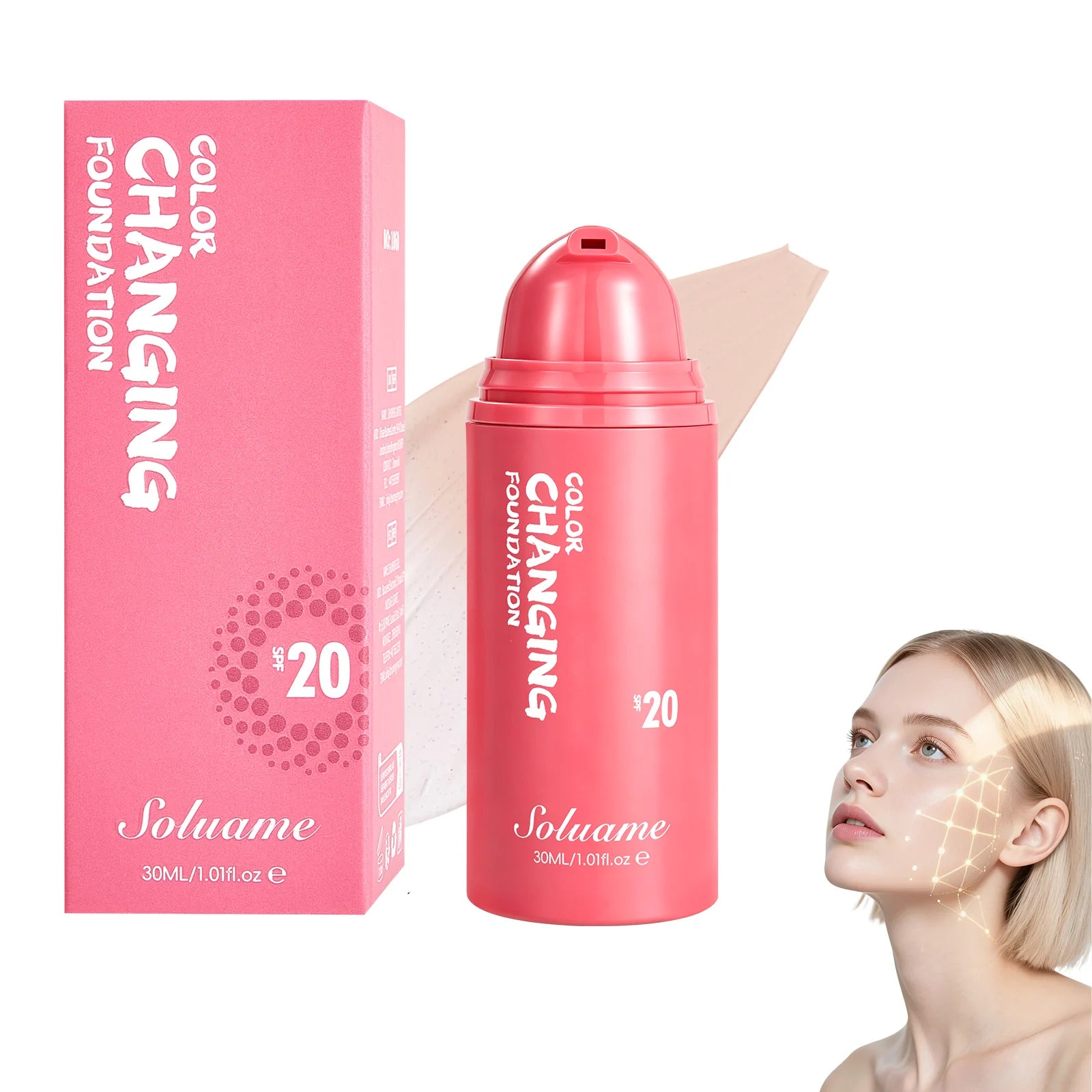 Color Changing Foundation Spf 20 Sunscreen Face Makeup, 30ml, Flawless Coverage Self-Adjusting Liquid Foundation for Natural Look