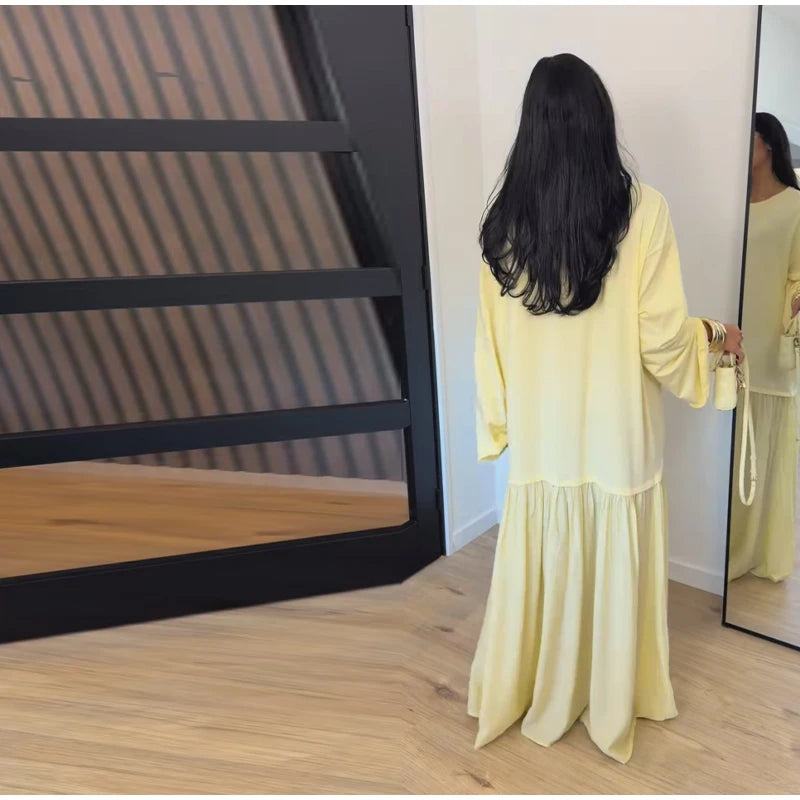 Solid Color Loose Fit Flare Sleeve Tiered Dress Crew Neck Ruffle Hem Pleated Long Maxi Dresses 2026 Spring Chic Casual Outwear