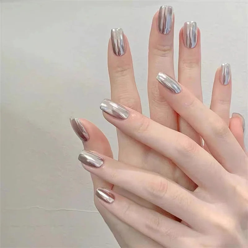 10PCS Metal Handmade Press on Nails Acrylic Magic Full Cover Fake Nails Reusable Adhesive Silver Artificial Cool Manicure Art