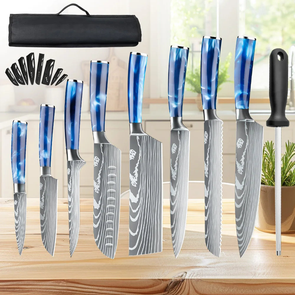 8PCS Utility Kitchen Knifes Resin Handle Carbon Steel Chef Knives Meat Cleaver Fruit Vegetable Slicing  Knife Cooking Tool