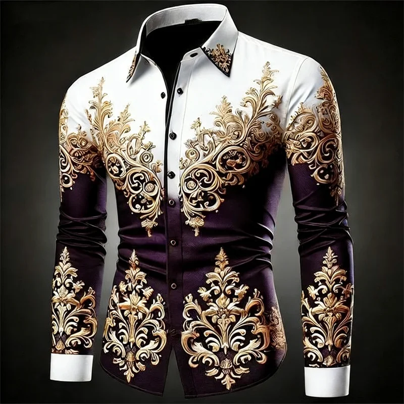 New 12 Color Men's Gold Exquisite Pattern Long-Sleeved Button Retro Floral 3D Printed Hawaiian Shirt Fashionable Shirt