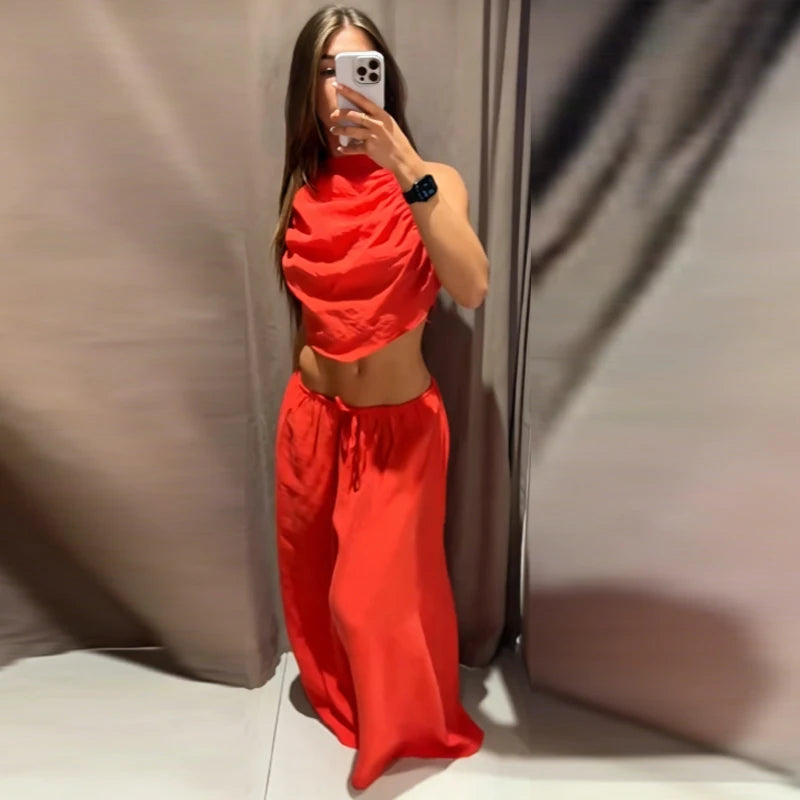 HXAO Red Ruffled Pants Sets Women's Suit Halter Crop Backless Sleeveless Top 2 Piece Set Chic High Waist Baggy Trousers Outfits