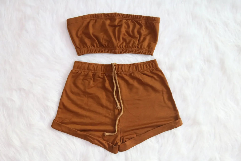 Thin Summer New Solid Color Lace Up Tracksuits Women Sleeveless Backless Tube And Shorts Two Piece Sets Casual 2pcs Outfits
