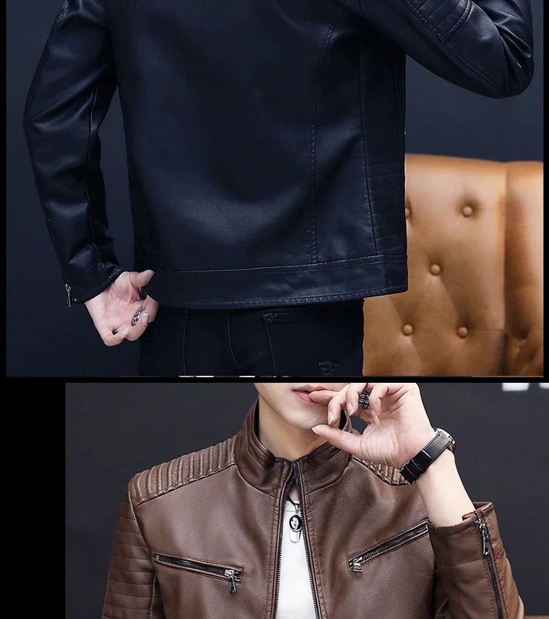 Winter Stand Collar Zip-Up Pocket PU Leather Jacket Men's Slim Business Casual
