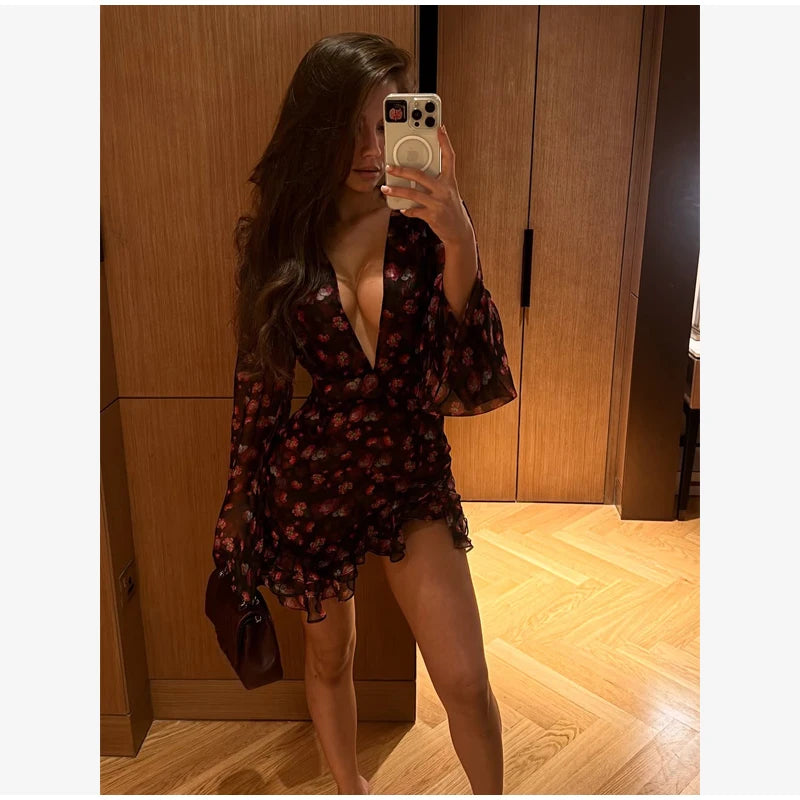 Women Flora Painted Ruffle Mini Dress Elegant Full Sleeve Deep V-neck Slim A-line Vestidos 2026 New Lady Holiday Street Dresses