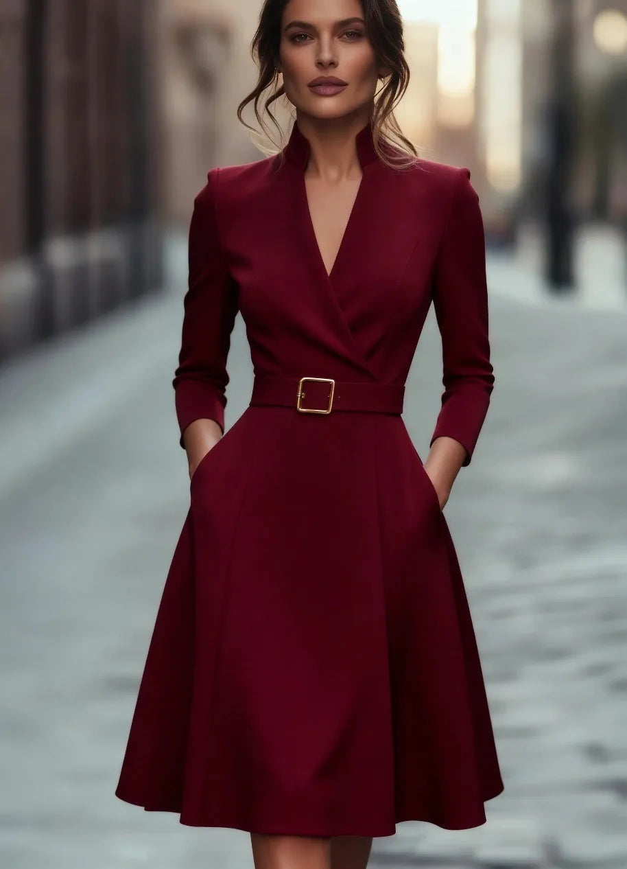 European and American solid color V-neck waist-cinching long-sleeved autumn and winter dress with a wide skirt for women