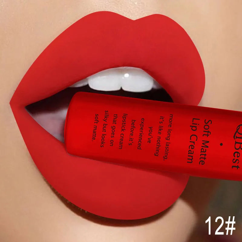 QIBEST Velvet Matte Nude Liquid Lipstick Makeup Sexy Red Lipgloss Waterproof Long-lasting Purple Black Orange Lip Stain Cosmetic
