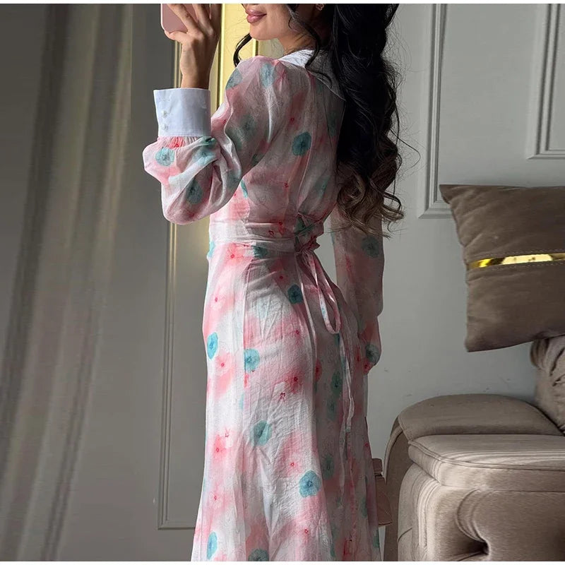 Elegant Printed V-Neck Contrast Dress Women's Side Single Breasted Lace Up Maxi Dresses 2026 Summer New Ladies Chic Party Gown