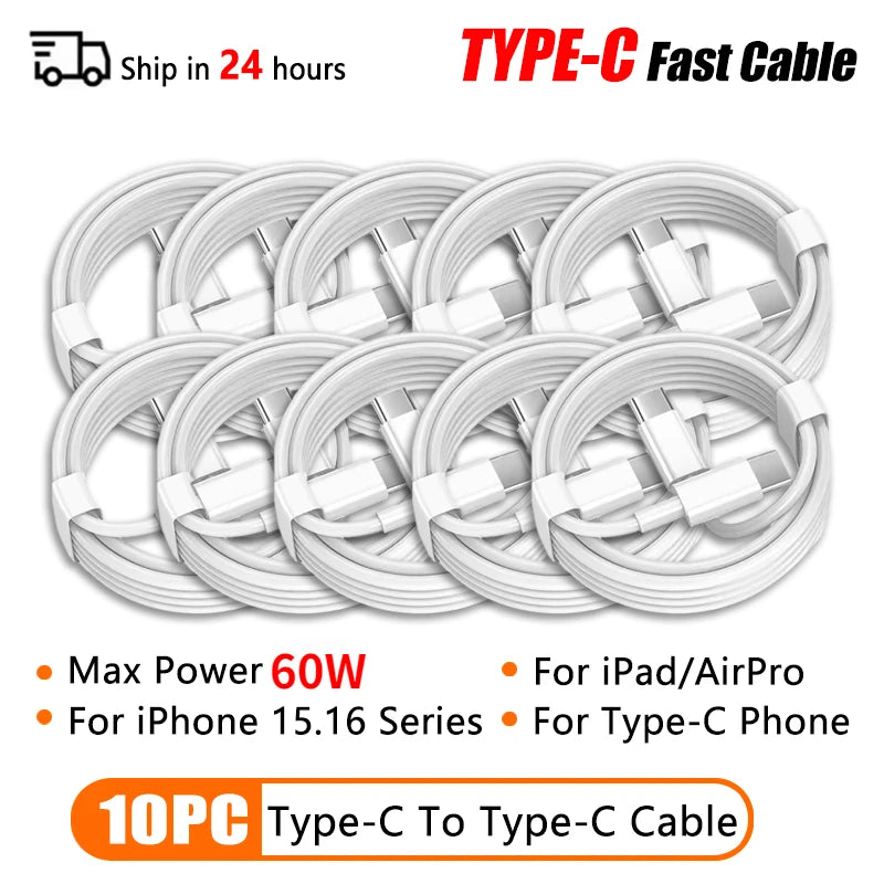 PD 60W USB C to Type C Fast Charging Cable for iPhone 11 13 14 15 16 Pro Max 12 Mini 6 7 8 Plus XS XR iPad USB A 1M 2M Cable