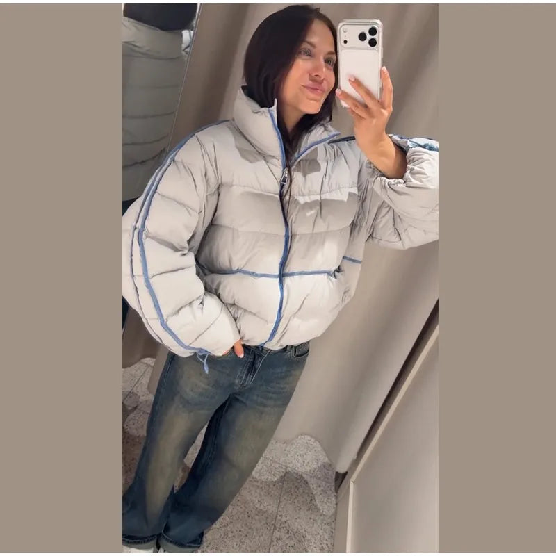 Casual Contrasted Color Women's Cotton Coats Zippers Stand Collar Loose Lady Thicken Jackets 2026 Autumn Winter Female Tops New