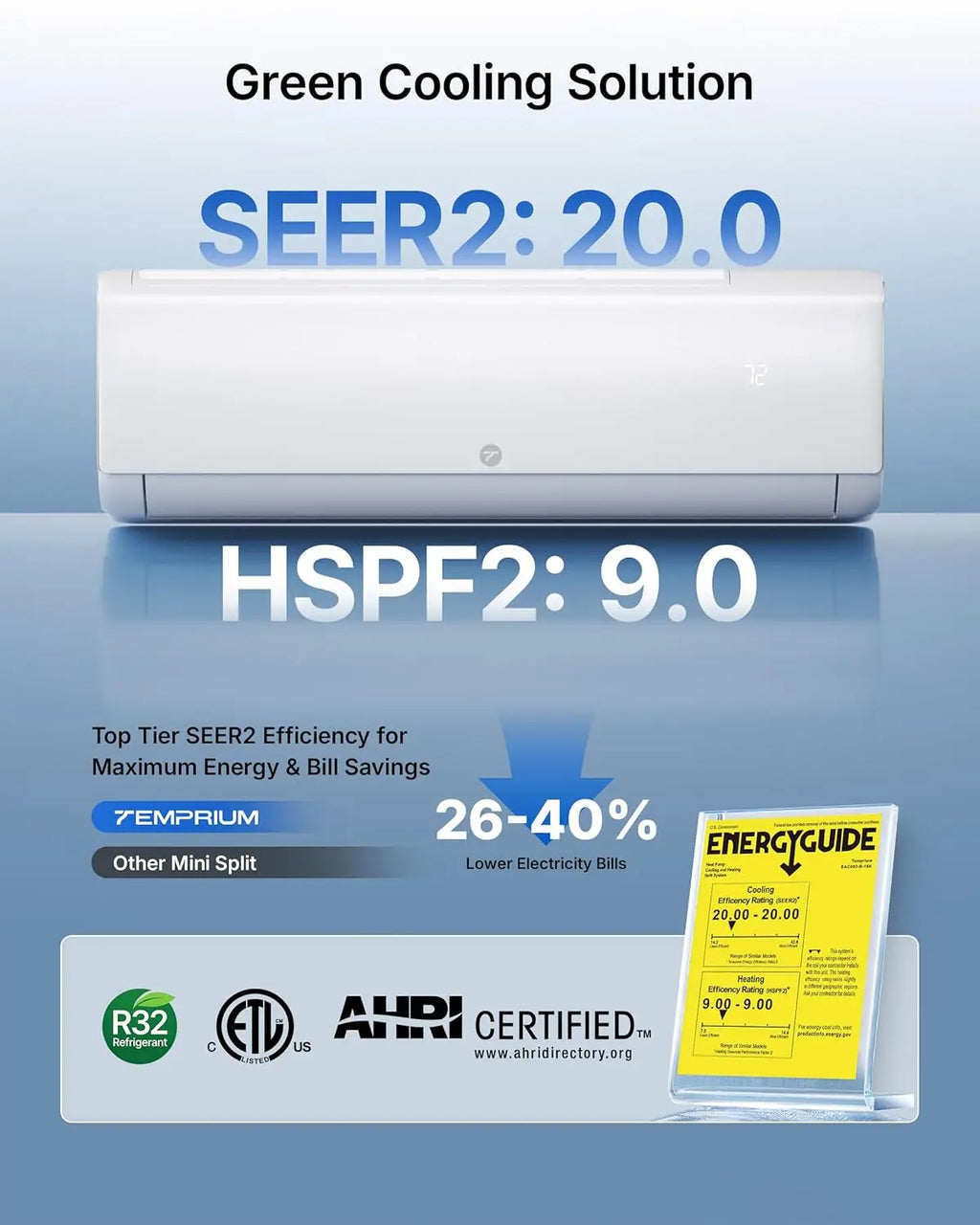 18000 BTU Mini Split AC/Heating System, 20 SEER2 Inverter, 208/230V Ductless Air Conditioner for Up to 1250 Sq.Ft, WiFi, Custom