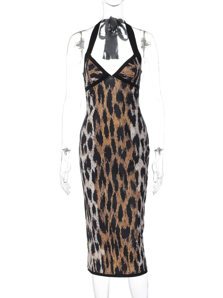 FDYOUI Fashion Halter Bodycon Leopard Dress Party Night Club Outfit Women Sexy Sleeveless Backless Midi Evening Prom Dresses
