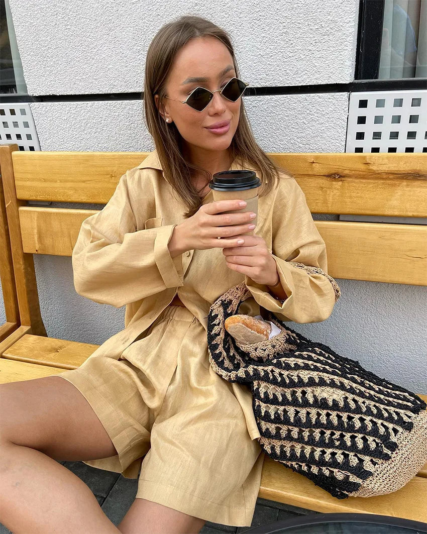 Home Wear Casual Women Two Pieces Sets Autumn Solid Long Sleeve Shirts + Elastic Waist Shorts Suits Loose Cotton Linen Outfits
