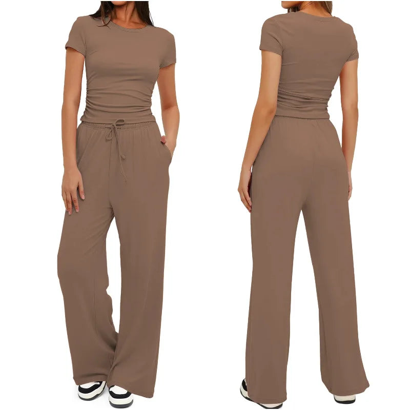 Women's Summer Solid Loose Casual Tracksuit Two Piece Set O Neck Short Sleeve T Shirt Wide Leg Pants Sportswear