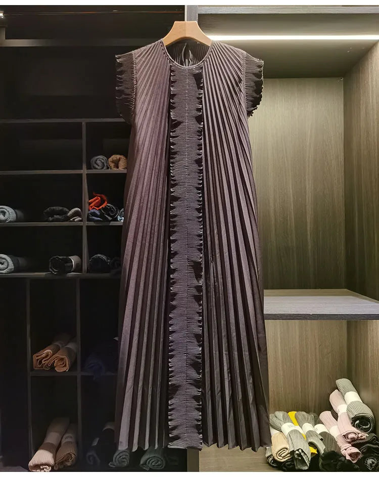 Miyake Pleated Solid Color Dresses High-End 2026 Ruffled Handmade Pleats Solid Color Fold Dress Summer Elegant Sleeveless Dress