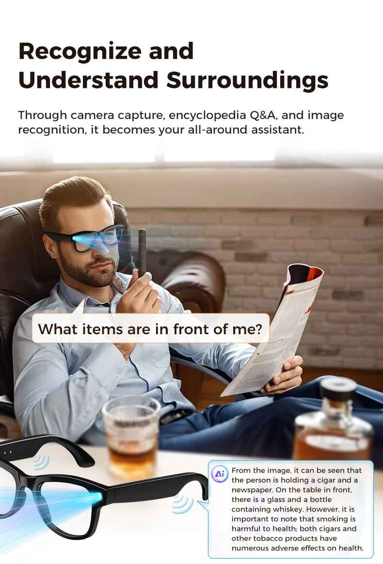 2026 AI Smart Glasses With 8MP Camera AI Voice Contorl Photo Recognition Shooting Video 150+Translation Photochromic Glasses Men