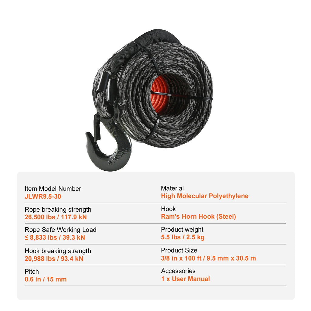 SucceBuy 26500/32000Lbs Synthetic Winch Rope Truck Boat Replacement Line Cable Rope with Forged Hook ATV Car Outdoor Accessories