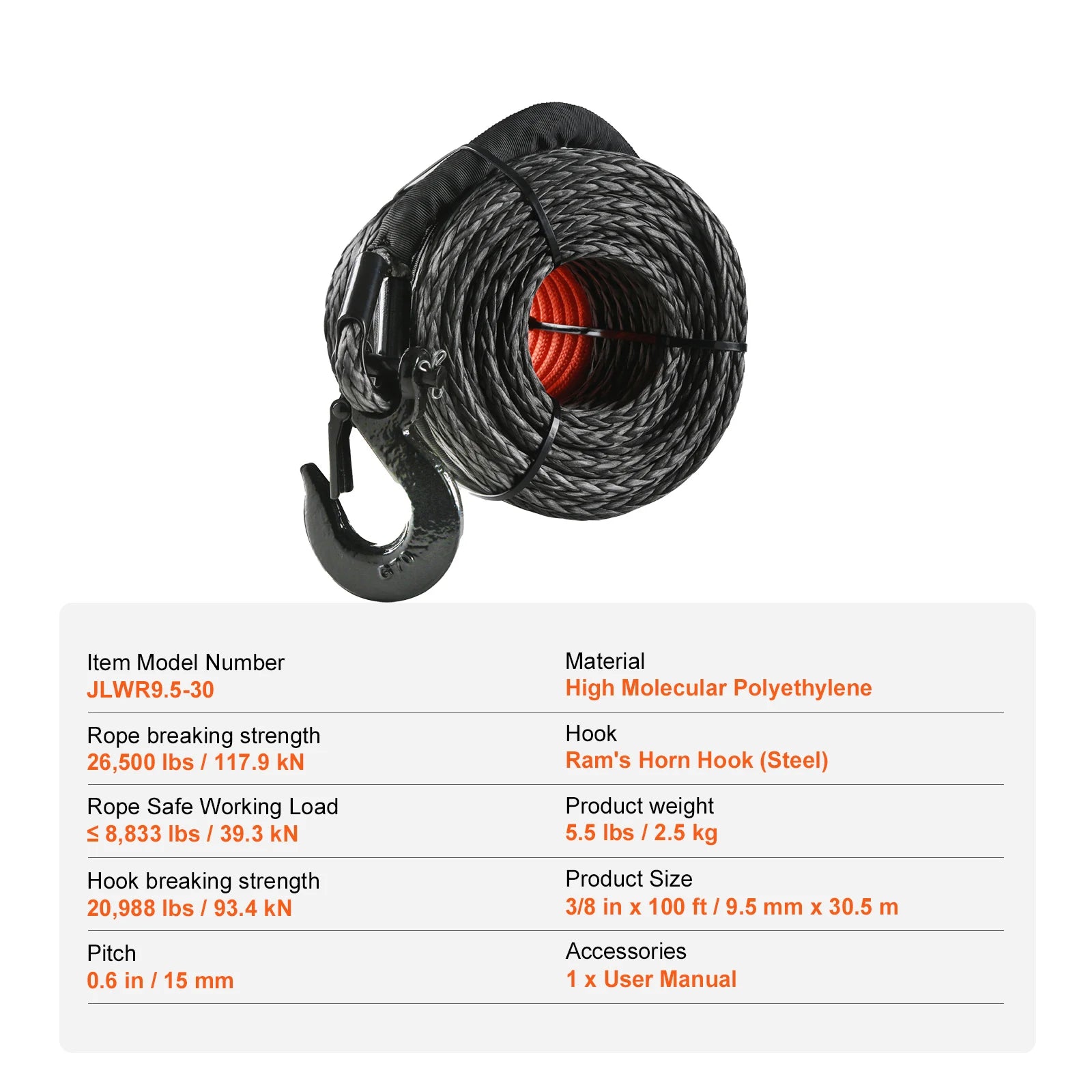 SucceBuy 26500/32000Lbs Synthetic Winch Rope Truck Boat Replacement Line Cable Rope with Forged Hook ATV Car Outdoor Accessories