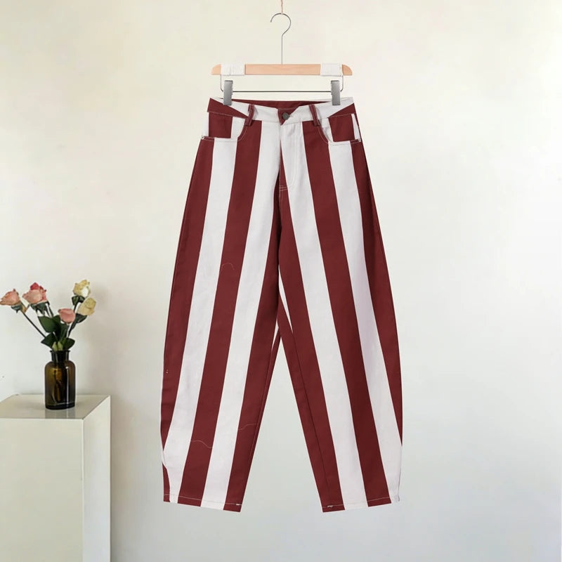Women Striped Trousers Curved Knife Jeans  High Waist Contrasting Color Loose Versatile Casual Long Pants Women's Aladdin Pants