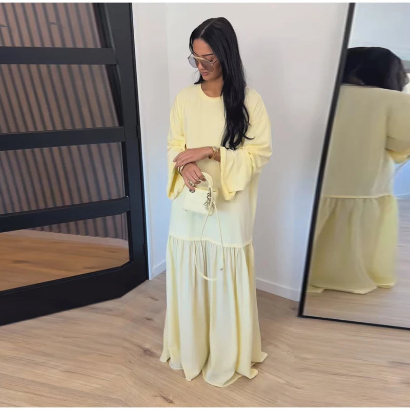 Solid Color Loose Fit Flare Sleeve Tiered Dress Crew Neck Ruffle Hem Pleated Long Maxi Dresses 2026 Spring Chic Casual Outwear